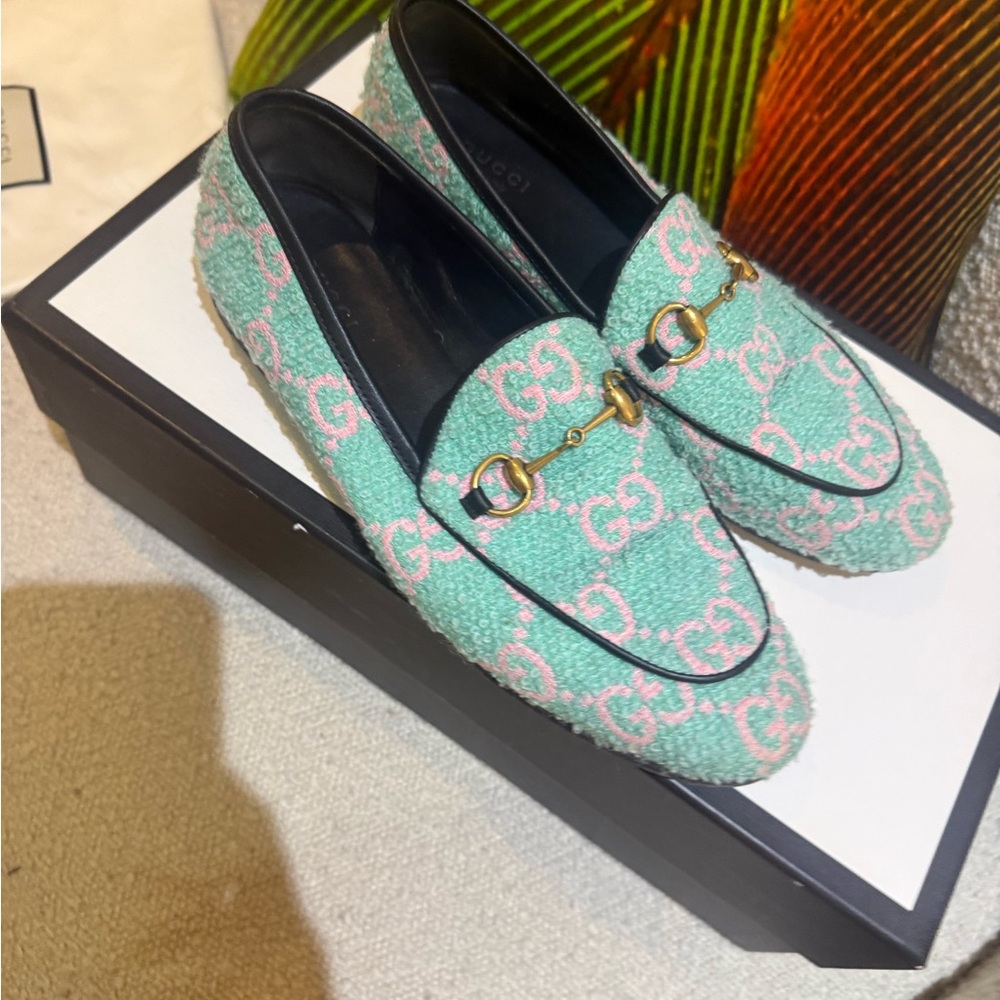 Gucci Women's Mint Green Loafers with Gold Accents - Picture 1 of 4